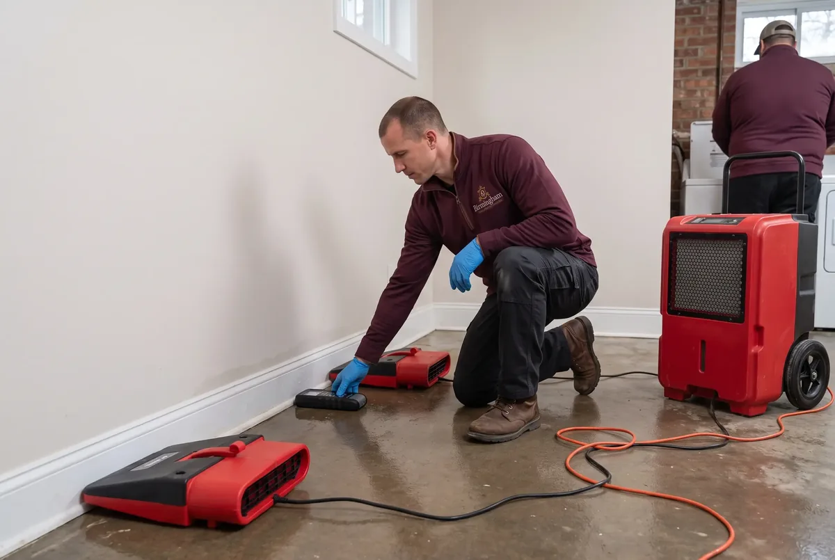 Technician checking a baseboard with a moisture meter beside a dehumidifier