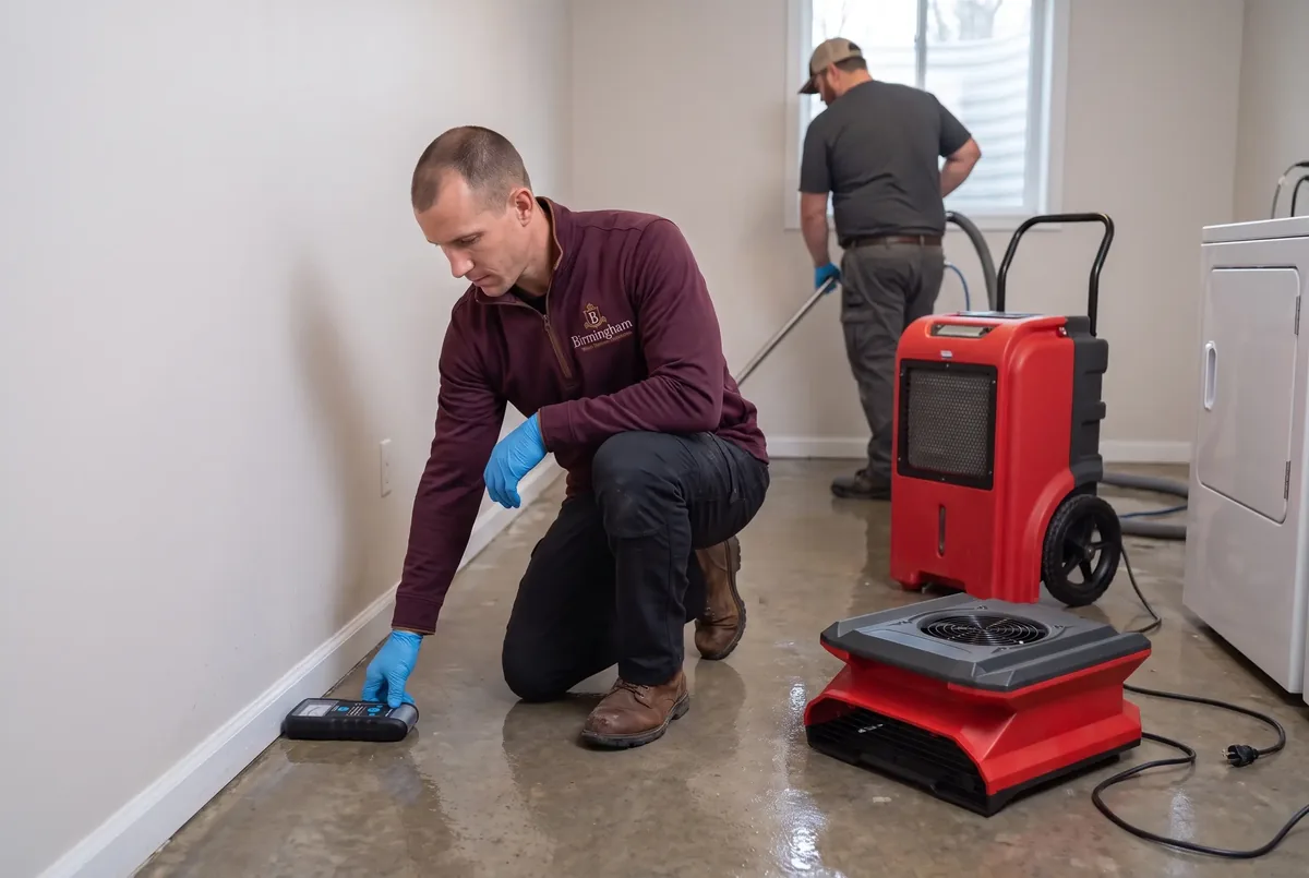 Technician reading a moisture meter on a wet floor while a second technician extracts water