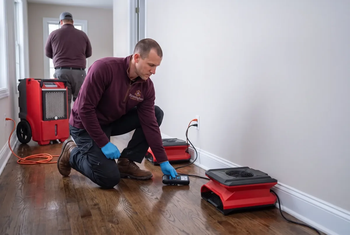 Technician reading a moisture meter beside a dehumidifier and air mover